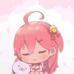 Rule 34 | 1girl, 35p (sakura miko), absurdres, ahoge, bell, blush, cat, chestnut mouth, chibi, closed eyes, commentary request, hair bell, hair between eyes, hair ornament, hairclip, highres, hololive, open mouth, otorih 1610, pink hair, sakura miko, sakura miko (1st costume), virtual youtuber, white cat, x hair ornament