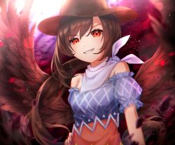 Rule 34 | 1girl, bandana, bare shoulders, black hair, black wings, blue shirt, breasts, brown hat, commentary request, cowboy hat, feathered wings, grin, hat, highres, kurokoma saki, lens flare, light particles, long hair, looking at viewer, mozuno (mozya 7), off-shoulder shirt, off shoulder, puffy short sleeves, puffy sleeves, red eyes, shirt, short sleeves, small breasts, smile, solo, swept bangs, touhou, upper body, wings