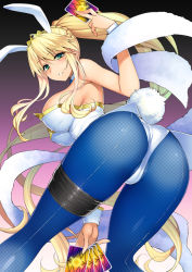 Rule 34 | 1girl, ahoge, animal ears, artoria pendragon (all), artoria pendragon (fate), artoria pendragon (swimsuit ruler) (fate), ass, bent over, blonde hair, blue pantyhose, blush, braid, breasts, card, detached collar, fake animal ears, fate/grand order, fate (series), feather boa, fishnet pantyhose, fishnets, french braid, gradient background, green eyes, hair between eyes, highleg, highleg leotard, holding, holding card, large breasts, leotard, long hair, looking at viewer, looking back, namonashi, pantyhose, playboy bunny, ponytail, purple background, rabbit ears, rabbit tail, sidelocks, solo, tail, thigh strap, thighs, tiara, white leotard, wrist cuffs