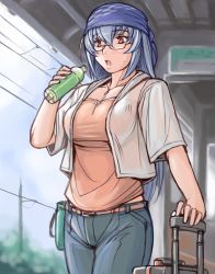 Rule 34 | 00s, 1girl, bandana, belt, breasts, casual, denim, glasses, jeans, jewelry, large breasts, long hair, luggage, necklace, aged up, pants, rozen maiden, silver hair, solo, suigintou, sweat, tsuda nanafushi