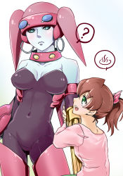 Rule 34 | 2girls, ?, android, arm grab, asagi marin, bare shoulders, blue eyes, blush, bow, breasts, brigadoon, brown hair, cleavage, colored skin, covered navel, earrings, erin garnet, green eyes, grey skin, hair bow, jewelry, medium breasts, multiple girls, niku (amikoto), pink bow, pink shirt, shirt, short ponytail, simple background, spoken question mark, standing, white background