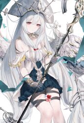 Rule 34 | 1girl, absurdres, anaketu, arknights, bare shoulders, dress, feet out of frame, gloves, grey gloves, grey hair, hat, highres, holding, holding staff, long hair, looking at viewer, off shoulder, official alternate costume, red eyes, simple background, skadi (arknights), skadi the corrupting heart (arknights), skadi the corrupting heart (sublimation) (arknights), solo, staff, very long hair, white background, white dress, white hat