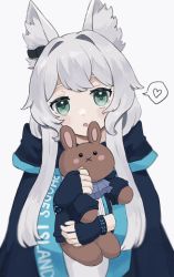 Rule 34 | 1girl, :o, animal ear fluff, animal ears, arknights, black coat, black gloves, blush, bracelet, cat ears, clothes writing, coat, eyebrows hidden by hair, fingerless gloves, gloves, green eyes, heart, highres, holding, holding stuffed toy, infection monitor (arknights), jewelry, long hair, looking at viewer, open clothes, open coat, open mouth, rosmontis (arknights), sidelocks, silver hair, simple background, solo, someyaya, speech bubble, spoken heart, stuffed animal, stuffed rabbit, stuffed toy, upper body, weapon