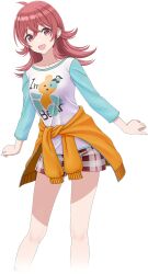 Rule 34 | 1girl, clothes around waist, idolmaster, idolmaster shiny colors, idolmaster shiny colors song for prism, komiya kaho, official art, open mouth, red eyes, red hair, shirt, solo, sweater, sweater around waist, t-shirt, transparent background
