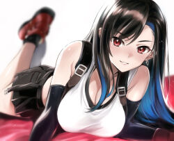 Rule 34 | 1girl, black hair, black skirt, blue hair, blurry, blurry background, breasts, cleavage, earrings, final fantasy, final fantasy vii, final fantasy vii remake, grin, highres, jewelry, large breasts, looking at viewer, lying, miniskirt, multicolored hair, nakahira guy, on stomach, parted lips, red eyes, red footwear, shoes, single earring, skirt, smile, solo, streaked hair, the pose, tifa lockhart, two-tone hair