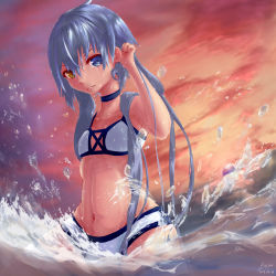 Rule 34 | 1girl, alternate costume, blachoco, blue choker, blue eyes, blue hair, breasts, choker, closed mouth, cloud, cloudy sky, dated, evening, expressionless, girls&#039; frontline, hair between eyes, hand in own hair, heterochromia, highres, long hair, looking at viewer, navel, outdoors, sidelocks, signature, sky, small breasts, solo, splashing, spp-1 (girls&#039; frontline), standing, standing in water, stomach, swimsuit, thighs, wading, water drop, waves, wet, wet hair, yellow eyes