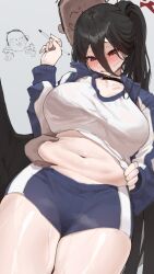 Rule 34 | 1boy, 1girl, doodle sensei (blue archive), belly, belly grab, black choker, black hair, black wings, blue archive, blush, breasts, choker, clothes lift, commentary, cowboy shot, embarrassed, fat rolls, furrowed brow, grabbing, grabbing from behind, gym shirt, gym shorts, hair between eyes, hasumi (blue archive), hasumi (track) (blue archive), highres, jacket, large breasts, long bangs, looking down, midriff, navel, official alternate costume, open clothes, open jacket, parted lips, pomp (qhtjd0120), ponytail, red eyes, sensei (blue archive), shirt, shirt lift, short shorts, shorts, solo focus, stomach, sweat, symbol-only commentary, thighs, track jacket, wet, white shirt, wings
