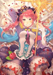 Rule 34 | 1girl, absurdres, arm up, artist name, blush, breasts, crown, epaulettes, flower, grin, highres, long hair, looking at viewer, medium breasts, mika pikazo, original, petals, pink hair, red rose, rose, smile, solo