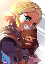 Rule 34 | 1girl, aqua eyes, artist name, black cape, black gloves, blonde hair, blue shirt, blush, book, braid, cape, crown braid, eyelashes, fingerless gloves, from side, gloves, hair ornament, hairclip, holding, holding book, light, long sleeves, looking at viewer, looking to the side, nintendo, open book, pointy ears, princess zelda, shirt, short hair, solo, steve chopz, the legend of zelda, the legend of zelda: breath of the wild, the legend of zelda: tears of the kingdom, thick eyebrows, triforce