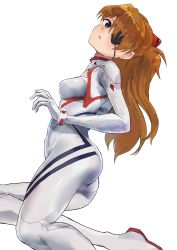 Rule 34 | 1girl, absurdres, artist request, ass, blush, bodysuit, breasts, brown hair, curvy, evangelion: 3.0+1.0 thrice upon a time, eyepatch, from behind, highres, interface headset, long hair, looking at viewer, looking back, looking to the side, medium breasts, neon genesis evangelion, plugsuit, rebuild of evangelion, simple background, skin tight, solo, souryuu asuka langley, turtleneck, twintails, very long hair, white background, white bodysuit