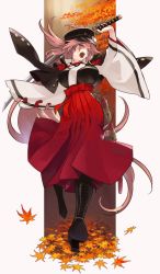 Rule 34 | 1girl, amputee, autumn leaves, baiken, black footwear, breasts, commentary request, guilty gear, guilty gear xrd, hakama, hakama short skirt, hakama skirt, hat, high heels, highres, holding, holding sword, holding weapon, jako (toyprn), japanese clothes, kataginu, katana, kimono, large breasts, leaf, long hair, multicolored clothes, multicolored kimono, one-eyed, open mouth, peaked cap, pink hair, red hakama, scar, scar across eye, scar on face, sheath, skirt, sword, very long hair, weapon, wide sleeves