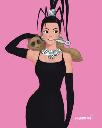 Rule 34 | 1960s (fashion), 1girl, absurdres, alt text, animal, animal on shoulder, antenna hair, audrey hepburn, black dress, black eyes, black gloves, black hair, breakfast at tiffany&#039;s, breasts, commentary request, contrapposto, cosplay, cowboy shot, diadem, don (street fighter), dress, earrings, elbow gloves, gloves, hair ornament, hair pulled back, highres, holly golightly, holly golightly (cosplay), ibuki (street fighter), jewelry, kunai, lips, long hair, looking to the side, medium breasts, mouth hold, narrow waist, necklace, parody, parted lips, pink background, pinup (style), ponytail, quasimodox, retro artstyle, sideways glance, signature, simple background, smile, solo focus, sparkle, split ponytail, standing, street fighter, tanuki, upper body, very long hair, weapon