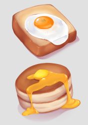 Rule 34 | absurdres, bread, butter, egg yolk, food, food focus, fried egg, grey background, highres, lyin, no humans, original, pancake, pepper, simple background, sketch, still life