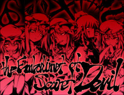 Rule 34 | 5girls, akanbe, blood, blood on face, book, braid, crescent, cross, crystal, dragon, embodiment of scarlet devil, eyelid pull, female focus, flandre scarlet, hat, hong meiling, izayoi sakuya, knife, laevatein, long hair, maid, maid headdress, monochrome, multiple girls, painfultree, patchouli knowledge, remilia scarlet, short hair, slit pupils, star (symbol), tongue, tongue out, touhou, twin braids, upper body