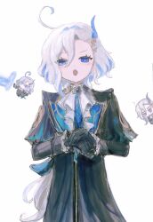 Rule 34 | 1boy, 1girl, 303owo303, ?, ascot, blue eyes, blue hair, brooch, cane, chibi, chibi inset, coat, cosplay, cowlick, drop-shaped pupils, fang, furina (genshin impact), genshin impact, gloves, grey hair, hair between eyes, hair ornament, heterochromia, highres, jewelry, long hair, long sleeves, looking at viewer, mismatched pupils, multicolored hair, multiple views, neuvillette (genshin impact), neuvillette (genshin impact) (cosplay), open mouth, purple eyes, simple background, straight-on, symbol-shaped pupils, two-tone hair, very long hair, water, white background