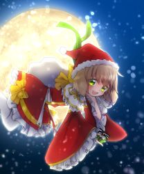 Rule 34 | 1girl, arch bishop (ragnarok online), asuta (kinakomoti300), blush, bow, commentary request, cross, dress, dress bow, eyes visible through hair, frilled dress, frilled sleeves, frills, full body, full moon, gift, gold trim, green eyes, hat, highres, holding, holding gift, holding sack, light brown hair, looking at viewer, moon, official alternate costume, open mouth, pantyhose, ragnarok online, red dress, sack, santa hat, short hair, smile, snowing, solo, two-tone dress, white dress, white pantyhose, yellow bow