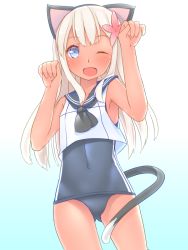 Rule 34 | 10s, 1girl, animal ears, blonde hair, blue eyes, cat ears, cat tail, flower, gradient background, hair flower, hair ornament, kantai collection, kemonomimi mode, long hair, neckerchief, no pants, one-piece swimsuit, one eye closed, open mouth, paw pose, ro-500 (kancolle), sakurea, school swimsuit, school uniform, serafuku, smile, solo, swimsuit, swimsuit under clothes, tail, tan