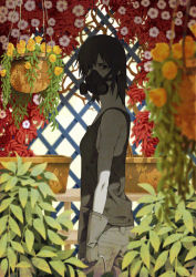 Rule 34 | 1girl, arasdel, blurry, brown eyes, brown hair, depth of field, flower, gas mask, gloves, hair over one eye, looking back, mask, original, plant, potted plant, respirator, shade, short hair, solo, standing, sunlight