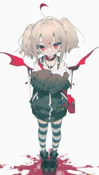 Rule 34 | 1girl, absurdres, ahoge, bat necklace, bat wings, black footwear, black jacket, blood, blood on ground, blood splatter, bra strap, choker, dyed ahoge, from above, heart, highres, jacket, jewelry, long sleeves, looking at viewer, makaino ririmu, medium hair, nanmokaken, necklace, nijisanji, off shoulder, red bag, red choker, red eyes, red wings, silver hair, simple background, solo, striped clothes, striped thighhighs, thighhighs, twintails, virtual youtuber, wings