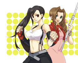 Rule 34 | 2girls, aerith gainsborough, alternate hairstyle, bangle, bare shoulders, belt, black gloves, black skirt, bracelet, braid, braided ponytail, breasts, cleavage, clenched hand, cowboy shot, crop top, cropped jacket, dress, earrings, elbow gloves, final fantasy, final fantasy vii, fingerless gloves, gloves, green eyes, grey belt, hair ribbon, holding, holding hands, holding staff, interlocked fingers, jacket, jewelry, large breasts, long hair, looking at viewer, materia, medium breasts, midriff, multiple girls, open mouth, parted bangs, pink dress, pink ribbon, red eyes, red jacket, ribbon, sakio (7171), shirt, side ponytail, sidelocks, skirt, sleeveless, sleeveless shirt, smile, staff, suspenders, swept bangs, teeth, tifa lockhart, upper teeth only, yellow background