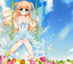 Rule 34 | 1girl, absurdres, ameto yuki, artist name, blonde hair, blue eyes, blue ribbon, breasts, cleavage, day, dress, flower, frilled dress, frills, hair ribbon, highres, jewelry, long hair, looking at viewer, necklace, original, ribbon, sky, small breasts, smile, solo, white dress, wings