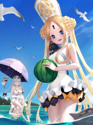 Rule 34 | 1boy, 2girls, abigail williams (fate), abigail williams (swimsuit foreigner) (fate), abigail williams (swimsuit foreigner) (second ascension) (fate), absurdres, anastasia (fate), anastasia (swimsuit archer) (fate), anastasia (swimsuit archer) (second ascension) (fate), ball, bare shoulders, beach, beachball, bird, black bow, black cat, blonde hair, blue eyes, blue sky, blush, bow, braid, braided bun, breasts, brown eyes, cat, cleavage, collarbone, day, doll, double bun, dress, dress swimsuit, fate/grand order, fate (series), flower wreath, forehead, grey hair, hair bow, hair bun, hair over one eye, hat, head wreath, highres, kadoc zemlupus, keyhole, large breasts, long hair, looking at viewer, mitre, multiple girls, ocean, one-piece swimsuit, open mouth, orange bow, outdoors, parasol, parted bangs, revision, seagull, shiro ami, short hair, sidelocks, sky, small breasts, smile, swimsuit, thighs, twin braids, twintails, umbrella, very long hair, viy (fate), wading, watermelon beachball, white dress, white hair, white one-piece swimsuit