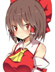 Rule 34 | 1girl, ascot, benjamin button suukina jinsei, blush, bow, breasts, brown hair, closed mouth, collarbone, cookie (touhou), detached sleeves, hair between eyes, hair bow, hair tubes, hakurei reimu, highres, large breasts, looking at viewer, red bow, red eyes, reu (cookie), ribbon-trimmed sleeves, ribbon trim, sidelocks, simple background, smile, solo, touhou, tsurime, upper body, white background
