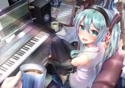Rule 34 | 1girl, absurdres, aqua eyes, aqua hair, black thighhighs, blush, bulletin board, chair, cup, detached sleeves, guitar, hair between eyes, hatsune miku, headphones, highres, hugging own legs, imo bouya, instrument, keyboard (computer), keyboard (instrument), long hair, looking at viewer, md5 mismatch, monitor, mug, necktie, open mouth, pen, photo (object), poster (object), resolution mismatch, ruler, sheet music, sitting, skirt, source smaller, speaker, thighhighs, twintails, vocaloid