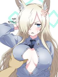 1boy 1girl anger_vein angry animal_ear_fluff animal_ears black_necktie blonde_hair blue_archive blue_eyes blush breasts breasts_apart buttons collared_shirt commentary covered_erect_nipples dog_ears dog_girl dress_shirt extra_ears eyebrows_hidden_by_hair eyelashes frown grabbing_another&#039;s_breast green_halo grey_shirt groping hair_over_one_eye halo hand_up hetero highres jitome kanna_(blue_archive) large_breasts long_bangs long_hair long_sleeves looking_at_viewer mochachoco necktie no_bra one_eye_covered partially_unbuttoned pov pov_hands sanpaku sharp_teeth shirt sidelocks skindentation solo_focus sweatdrop teeth upper_body v-shaped_eyebrows very_long_hair