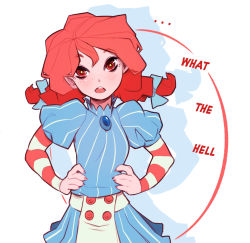 Rule 34 | ..., 1girl, bow, braid, breasts, buttons, creux, dress, english text, fingernails, freckles, gem, hair bow, hands on own hips, long hair, looking at viewer, open mouth, puffy sleeves, red eyes, red hair, sharp fingernails, smug, solo, striped, twin braids, twintails, vertical stripes, wendy&#039;s, wendy (wendy&#039;s)