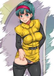 Rule 34 | 1girl, blue eyes, blush, bodysuit, breasts, bulma, cameltoe, clenched teeth, clothes pull, covered erect nipples, dragon ball, dragonball z, earrings, feet out of frame, female focus, green hair, grin, groin, hairband, highres, indoors, jewelry, legs, looking at viewer, medium breasts, medium hair, naughty face, panties, pantyhose, pantyhose pull, pantyshot, red hairband, sakuradou, smile, solo, spaceship, standing, teeth, thighs, underwear, yellow bodysuit