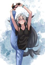 Rule 34 | 1girl, armpits, arms up, black footwear, black tank top, blue pants, bracelet, breasts, brown eyes, california sea lion (kemono friends), commentary, flexible, glasses, grey hair, grin, hair ornament, hairclip, hand on own foot, hand on own leg, high heels, highres, jewelry, kemono friends, kemono friends 2, kemono friends 3, leg up, long hair, looking at viewer, low-tied long hair, medium breasts, meme, multicolored hair, official alternate costume, pants, semi-rimless eyewear, smile, solo, split, standing, standing on one leg, standing split, tanabe (fueisei), tank top, under-rim eyewear, white-framed eyewear, white hair