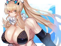Rule 34 | 1girl, absurdres, bare shoulders, biceps, bikini, black bikini, black gloves, blonde hair, breasts, cleavage, elbow gloves, barghest (fate), fairy knight gawain (ice warrior) (fate), fate/grand order, fate (series), gloves, green eyes, heterochromia, high ponytail, highres, horns, large breasts, long hair, looking at viewer, mmn (user tmjt3227), muscular, muscular female, red eyes, scarf, solo, swimsuit, white scarf