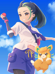 Rule 34 | 1girl, absurdres, black gloves, black hair, black pantyhose, brown eyes, cloud, collared shirt, commentary request, creatures (company), day, eyelashes, from below, game freak, gloves, green hair, grin, highres, holding, holding poke ball, looking to the side, midriff peek, multicolored hair, necktie, nemona (pokemon), nintendo, outdoors, pantyhose, pawmi, poke ball, pokemon, pokemon (creature), pokemon sv, ponytail, purple necktie, purple shorts, shirt, shorts, single glove, sky, smile, strap, teeth, terupu (eule312), two-tone hair