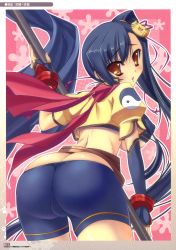 Rule 34 | 1girl, absurdres, ass, bike shorts, breasts, butt crack, chouhi, chouhi (cosplay), cosplay, cover, covered erect nipples, fat mons, fingerless gloves, from behind, gloves, hair ornament, highres, kan&#039;u (koihime musou), katagiri hinata, koihime musou, long hair, looking back, scan, shiny clothes, shorts, side ponytail, solo, trefoil, underboob, undersized clothes, very long hair, weapon, yin yang