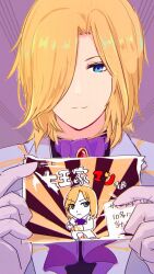 Rule 34 | 1boy, ascot, blonde hair, blue eyes, brooch, card, closed mouth, coat, commentary request, gloves, hair between eyes, hair over one eye, highres, holding, holding card, jewelry, looking at viewer, lug s, male focus, nyhill m. heine, portrait, purple ascot, purple background, ragnarok online, short hair, smile, solo, white coat, white gloves