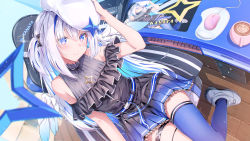 Rule 34 | 1girl, absurdres, amane kanata, amane kanata (work), angel, angel wings, bare shoulders, belt, beret, black bow, black dress, black shirt, blouse, blue belt, blue dress, blue eyes, blue hair, blue wings, blurry, blurry foreground, bow, chair, character name, closed mouth, clothing cutout, coffee, coffee cup, colored inner hair, commentary, computer, computer tower, cup, daidai (daidai826), depth of field, desk, disposable cup, dress, eyes visible through hair, feathered wings, fisheye, frilled dress, frills, from above, gaming chair, glint, gloves, gradient wings, grey hair, hair between eyes, hair bow, hair ornament, halo, hand on headwear, hat, head tilt, highres, hololive, indoors, instrument, jewelry, keyboard (computer), keyboard (instrument), long hair, looking at viewer, mini wings, mouse (computer), mousepad (object), multicolored clothes, multicolored dress, multicolored eyes, multicolored hair, multicolored wings, necklace, official alternate costume, on chair, pink eyes, pleated dress, shirt, shoulder cutout, sidelocks, sitting, sleeveless, sleeveless dress, smile, solo, standing, star (symbol), star halo, star necklace, swivel chair, thigh strap, thighhighs, thighs, two side up, virtual youtuber, white background, white footwear, white hat, white wings, wings, wooden floor