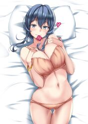 Rule 34 | 1girl, bangle, bikini, blue eyes, blue hair, blush, bracelet, breasts, brown bikini, cleavage, closed mouth, commentary request, condom, condom in mouth, condom wrapper, cowboy shot, floating hair, gluteal fold, gotland (kancolle), hair between eyes, hair bun, hand on own chest, hands up, highres, jewelry, kantai collection, kuurunaitsu, large breasts, long hair, looking at viewer, lying, mole, mole under eye, mouth hold, navel, on back, on bed, pillow, sidelocks, single hair bun, smile, solo, strap slip, swimsuit, thigh gap