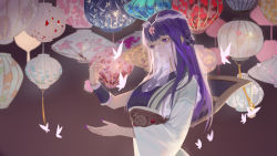 Rule 34 | 1girl, asymmetrical sleeves, bug, butterfly, china dress, chinese clothes, dress, hair ornament, highres, insect, long hair, purple eyes, purple hair, qin shi ming yue shao siming zhuye, qinshi mingyue, shao siming (qin shi ming yue)