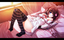 Rule 34 | 1girl, bare shoulders, bed, black thighhighs, blue eyes, blush, borrowed character, bottomless, breasts, brown hair, chiri (atlanta), dress shirt, hair ornament, hand on own chest, highres, lens flare, letterboxed, long hair, looking at viewer, lying, naked shirt, off shoulder, on back, original, shirt, smile, solo, striped clothes, striped thighhighs, thighhighs, wallpaper