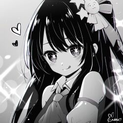 Rule 34 | 1girl, bare shoulders, collared shirt, commentary request, danby merong, grey background, greyscale, hair between eyes, hair ornament, heart, highres, hoshino ai (oshi no ko), long hair, looking at viewer, monochrome, oshi no ko, puffy short sleeves, puffy sleeves, shirt, short sleeves, signature, sleeveless, sleeveless shirt, solo, sparkle background, star (symbol), star hair ornament, symbol-shaped pupils