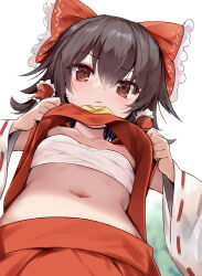 Rule 34 | 1girl, bare shoulders, blush, bow, brown eyes, brown hair, closed mouth, collarbone, detached sleeves, efe, from below, hair between eyes, hair bow, hair tubes, hakurei reimu, highres, japanese clothes, medium hair, navel, nontraditional miko, red bow, red skirt, ribbon-trimmed sleeves, ribbon trim, sarashi, sidelocks, skirt, solo, touhou, upper body, white sleeves, wide sleeves