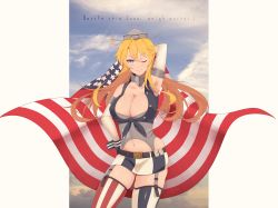 Rule 34 | 10s, 1girl, absurdres, american flag, american flag legwear, arm behind back, armpits, asymmetrical legwear, bare shoulders, blonde hair, blue eyes, breasts, cleavage, clothing cutout, cloud, cloudy sky, collarbone, elbow gloves, english text, fingerless gloves, flag print, front-tie top, garter straps, gloves, groin, hair between eyes, hand on own hip, headgear, highres, iowa (kancolle), kanntsukirin, kantai collection, large breasts, light smile, looking at viewer, miniskirt, mismatched legwear, navel, navel cutout, one eye closed, skirt, sky, solo, star-shaped pupils, star (symbol), striped clothes, striped thighhighs, symbol-shaped pupils, thighhighs, thighs, vertical-striped clothes, vertical-striped thighhighs, zettai ryouiki