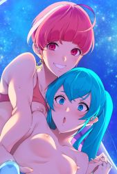 Rule 34 | 2girls, blue eyes, blue hair, blush, breast press, breasts, cum, cum in clothes, earrings, grin, hagoromo lala, holding hands, hoshina hikaru, interlocked fingers, jewelry, multicolored hair, multiple girls, nipples, aged up, open mouth, precure, red eyes, red hair, sky, small breasts, smile, star (sky), star (symbol), star earrings, star twinkle precure, starry sky, sugarbeat, two-tone hair, white hair, yuri