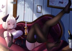 Rule 34 | 1girl, bare shoulders, birdcage, blue butterfly, blush, breasts, bridal gauntlets, brown thighhighs, bug, butterfly, cage, candle, candlestand, closed mouth, couch, cross hair ornament, demon horns, dress, feet, hair ornament, highres, holding, horns, indoors, insect, jayamon, large breasts, looking at viewer, lying, mole, mole under eye, no shoes, on back, on couch, original, red eyes, short hair, sleeveless, sleeveless dress, solo, thighhighs, thighs, white hair