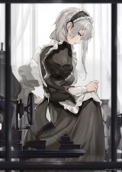 Rule 34 | 1girl, apron, apron lift, black dress, blue eyes, clothes lift, commentary request, curtains, dress, earrings, frills, from side, grey hair, hair behind ear, highres, jewelry, long hair, maid, maid apron, maid day, marumoru, original, puffy sleeves, sewing, sewing machine, sewing pin, skirt, skirt lift, solo, spool, thread, window