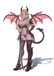 Rule 34 | 1girl, absurdres, armor, bare shoulders, bikini armor, black choker, black gloves, black nails, black thighhighs, blonde hair, blue eyes, boots, breasts, choker, collarbone, contrapposto, demon girl, dragon girl, dragon horns, dragon tail, dragon wings, elbow gloves, full body, gloves, hand on own hip, high heel boots, high heels, highres, horns, lips, long hair, looking at viewer, medium breasts, nail polish, navel, original, pointy ears, revealing clothes, simple background, single elbow glove, single glove, smile, solo, standing, stomach, sword, tail, thighhighs, weapon, white background, wings, xue qi ye (dndtmbdue)