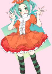 Rule 34 | 1girl, aqua hair, black thighhighs, blush, breasts, dress, eyelashes, feet out of frame, frilled dress, frills, gonza (gonzares910), green eyes, green thighhighs, hair intakes, hands up, hashtag only commentary, highres, long hair, looking at viewer, monogatari (series), multicolored clothes, multicolored dress, ononoki yotsugi, open mouth, orange dress, orange headwear, parted bangs, pink background, puffy short sleeves, puffy sleeves, red dress, short dress, short eyebrows, short sleeves, sidelocks, skindentation, small breasts, solo, striped clothes, striped thighhighs, thick eyebrows, thighhighs, twintails, two-tone thighhighs, v-shaped eyebrows, w, white dress
