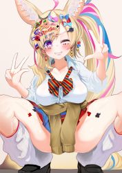 Rule 34 | 1girl, absurdres, ahoge, animal ears, beige background, black footwear, blonde hair, blue hair, blush, breasts, clothes around waist, collarbone, double v, fennec ears, grin, gyaru, hair ornament, hairclip, heart, heart-shaped pupils, highres, hololive, kajimakoto, large breasts, lips, looking at viewer, loose socks, multicolored hair, omaru polka, one eye closed, pink hair, pleated skirt, purple eyes, red skirt, school uniform, shirt, shoes, side ponytail, simple background, skirt, smile, socks, solo, spread legs, squatting, sweater, sweater around waist, symbol-shaped pupils, teeth, thick thighs, thighs, v, virtual youtuber, white shirt, white socks, wink