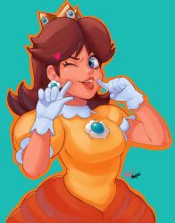 Rule 34 | 1girl, absurdres, artist name, blue background, blue eyes, breasts, brooch, brown hair, cheek poking, crown, dress, earrings, eyelashes, flipped hair, flower earrings, gloves, hands up, highres, jewelry, lips, looking at viewer, mario (series), medium breasts, medium hair, nagainosfw, nintendo, nose, nostrils, one eye closed, open mouth, orange dress, orange lips, orange outline, outline, parted bangs, poking, princess, princess daisy, puffy short sleeves, puffy sleeves, short sleeves, simple background, solo, super mario land, teeth, upper body, white gloves, yellow dress